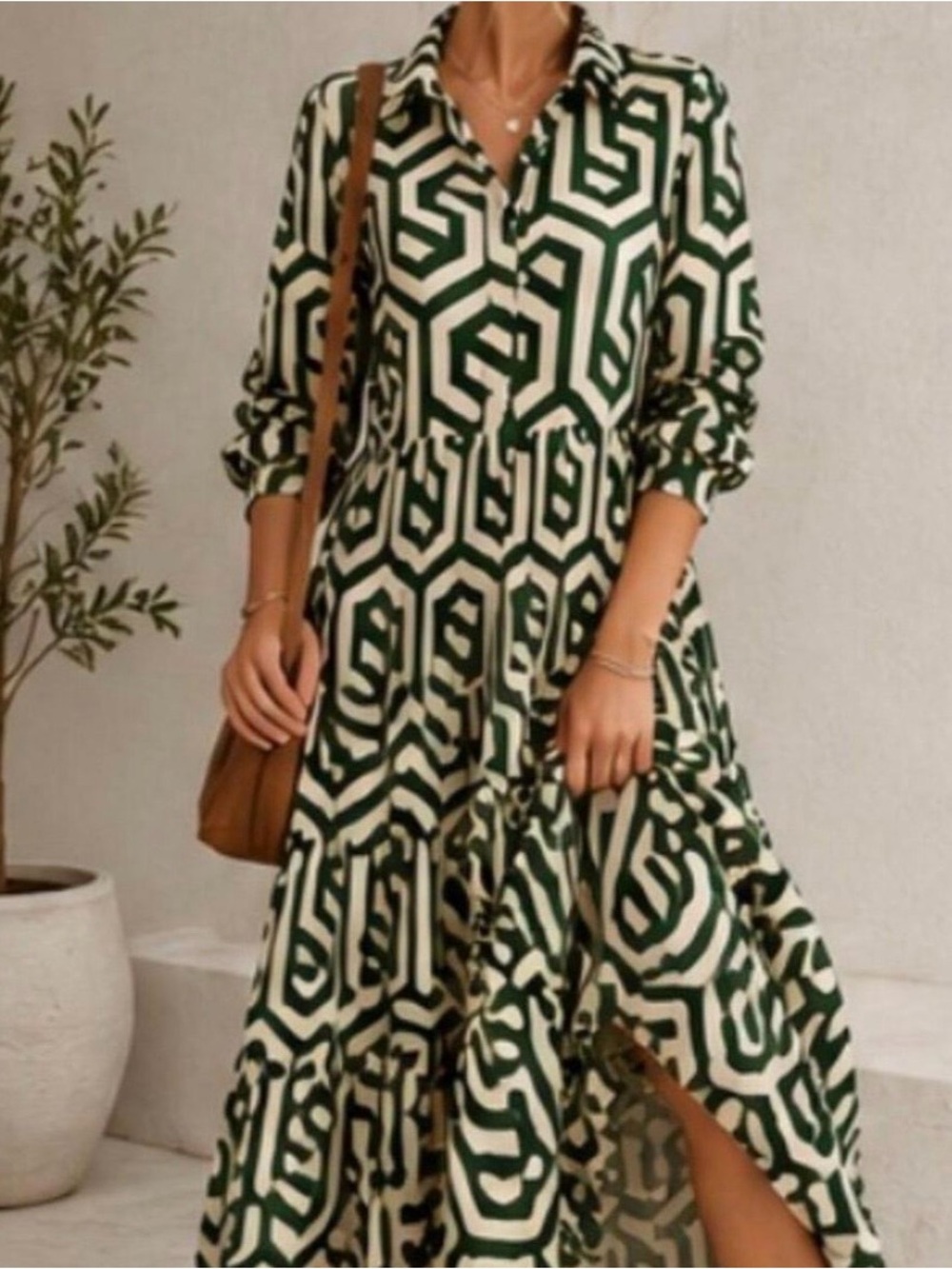 Zara Green and Cream Geometric Midi Shirt Dress - Picture 8 of 8
